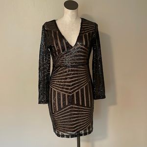 Black Sequin V-Neck Long Sleeve Sheath Dress